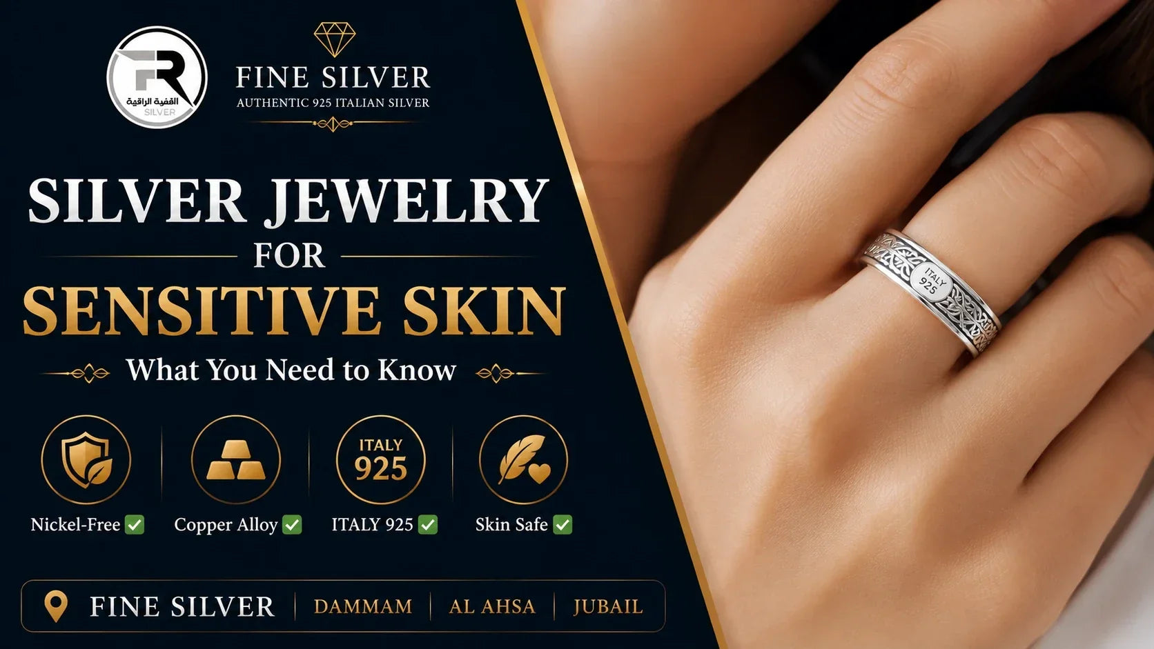 925 Italian sterling silver chain, bracelet and ring worn with a traditional white thobe – Fine Silver Saudi Arabia daily wear jewelry guide for sensitive skin