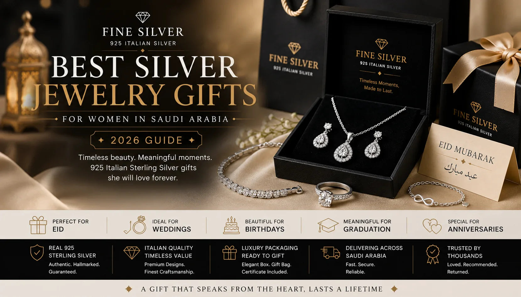Best silver jewelry gifts for women in Saudi Arabia 2026 — 925 Italian sterling silver Eid wedding birthday gifts by Fine Silver