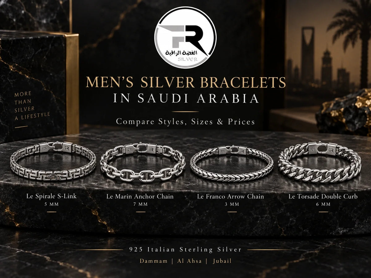 Four men’s 925 Italian silver bracelets by Fine Silver: Le Spirale, Le Marin, Le Franco and Le Torsade.