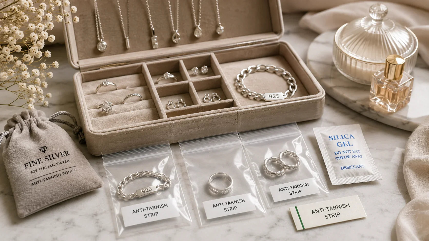 How to store 925 sterling silver jewelry properly — anti-tarnish pouches, zip-lock bags, silica gel and jewelry box storage guide by Fine Silver Saudi Arabia.