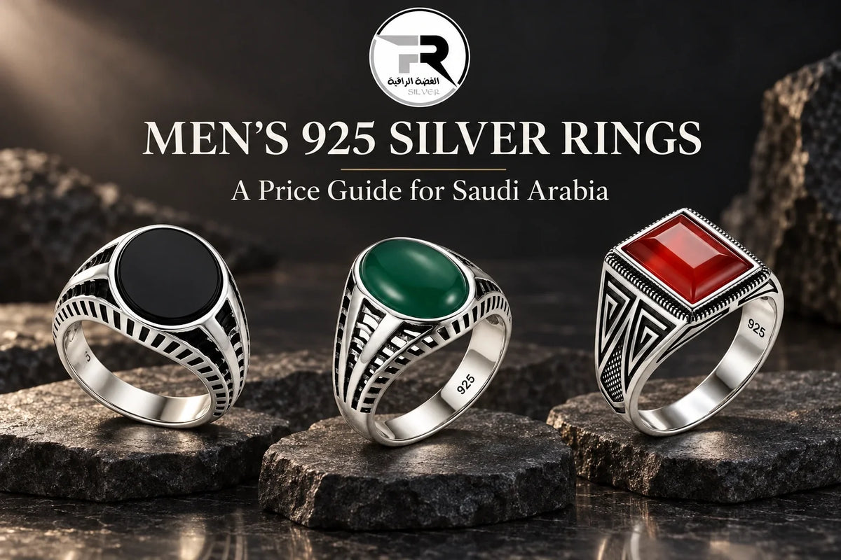Fine Silver men’s 925 silver rings with black, green and red stones, featured in the Saudi Arabia ring price guide.