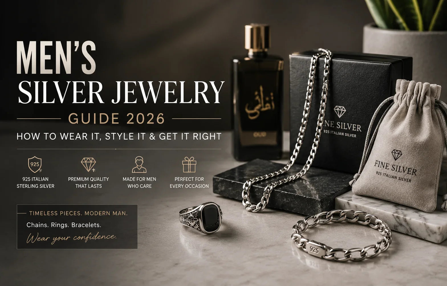 Men's silver jewelry guide 2026 — 925 Italian sterling silver chains rings and bracelets for men in Saudi Arabia by Fine Silver