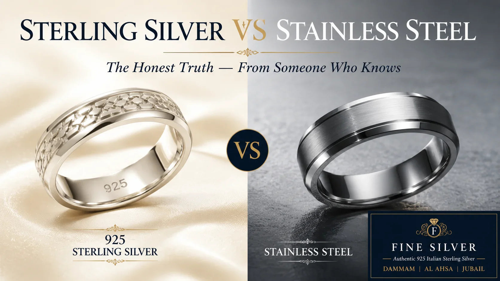 Sterling silver vs stainless steel jewelry comparison — 925 hallmark visible — Fine Silver Saudi Arabia