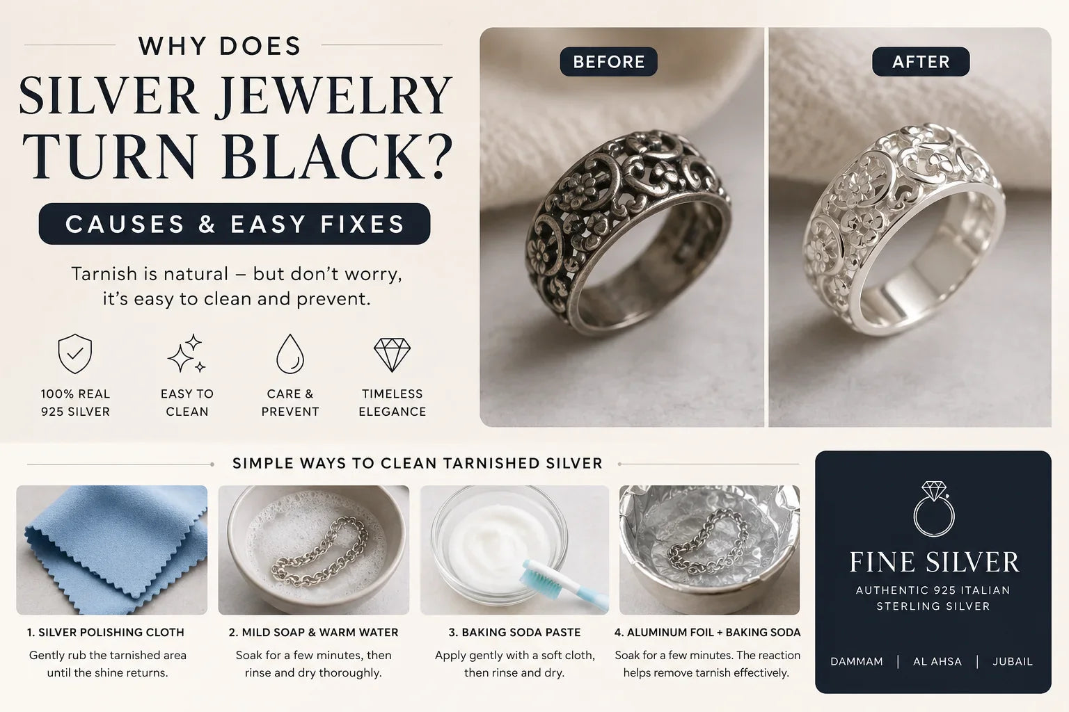 Why does silver jewelry turn black - causes and easy fixes infographic