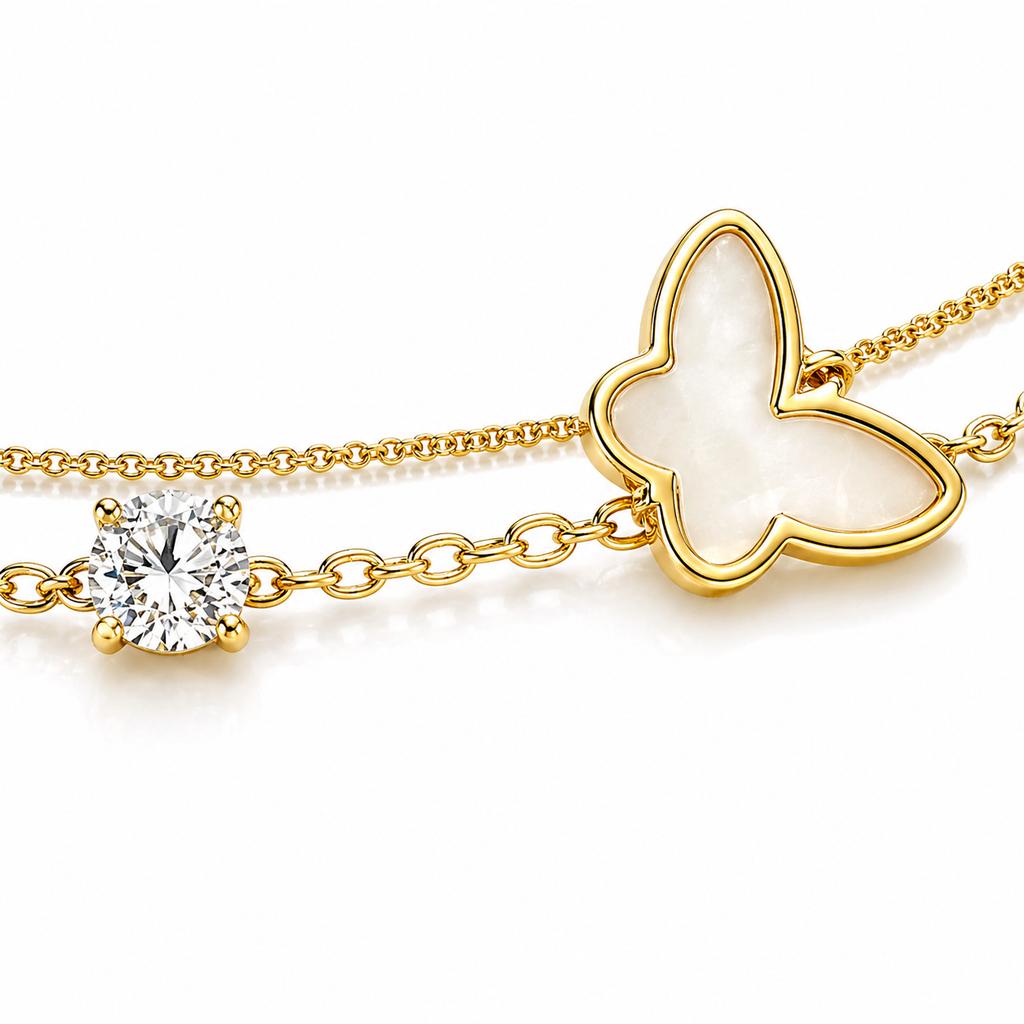 925 Sterling Silver 18K Gold Plated Double-Layer Butterfly &amp; Zircon Bracelet