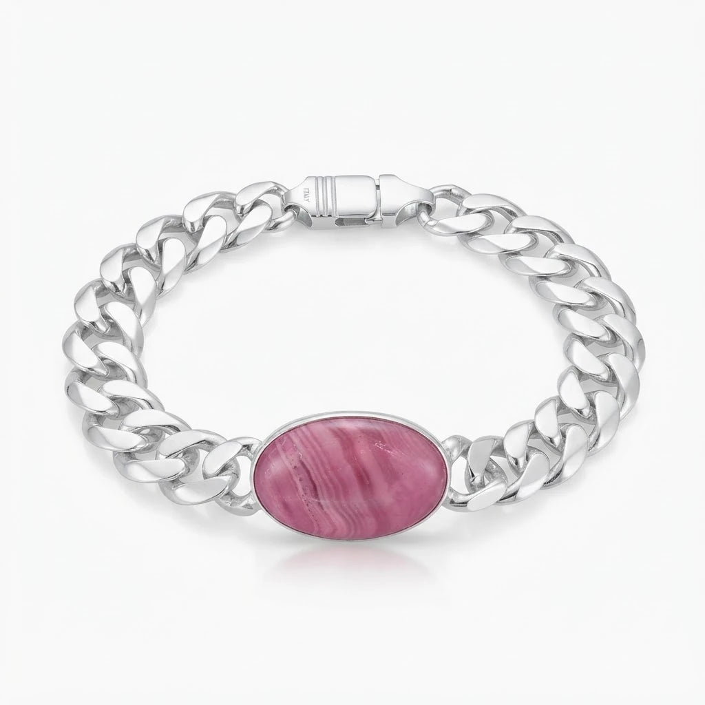 925 Italian sterling silver heavy Cuban curb chain bracelet with oval pink stone on white background, Fine Silver KSA