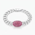 925 Italian sterling silver heavy Cuban curb chain bracelet with oval pink stone on white background, Fine Silver KSA