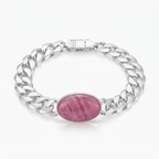 925 Italian sterling silver heavy Cuban curb chain bracelet with oval pink stone on white background, Fine Silver KSA