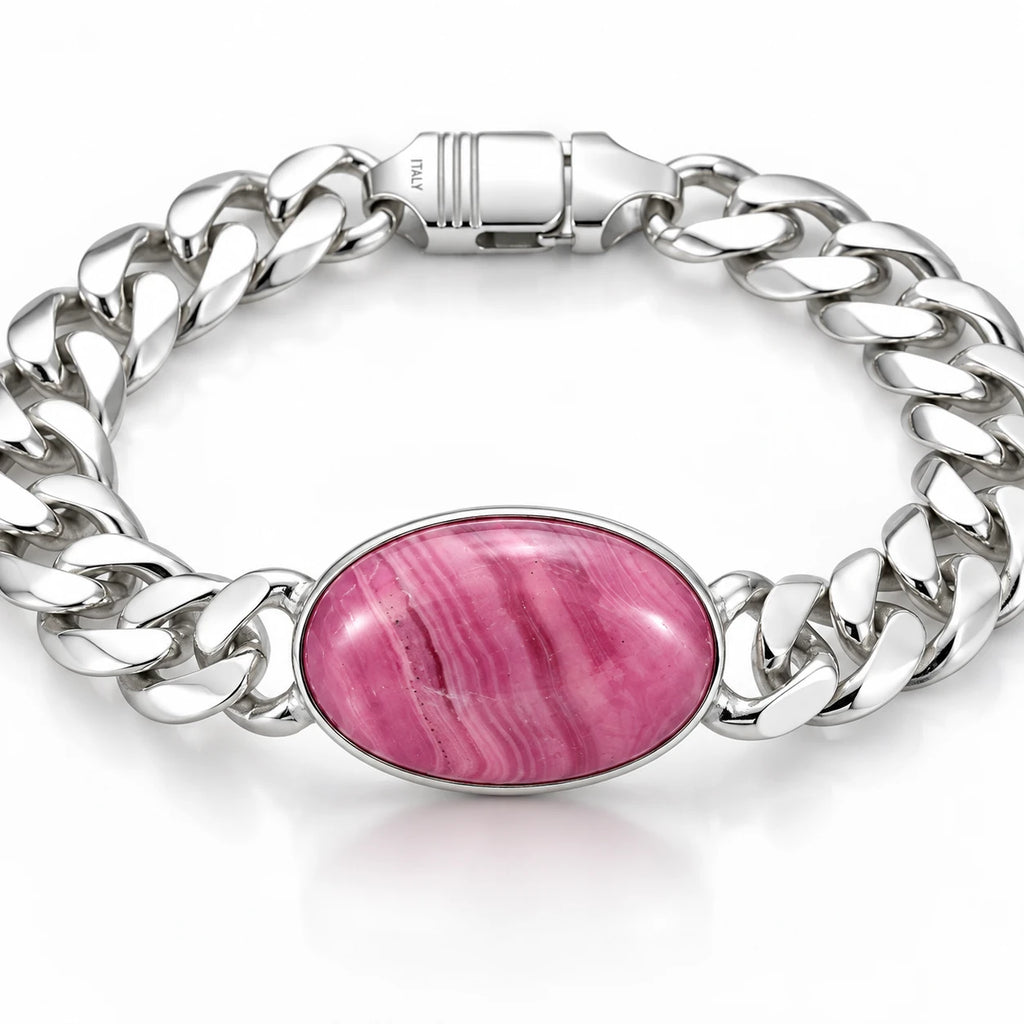 Close-up of oval pink stone cabochon bezel set in 925 Italian sterling silver Cuban chain bracelet, Fine Silver KSA