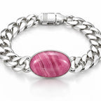 Close-up of oval pink stone cabochon bezel set in 925 Italian sterling silver Cuban chain bracelet, Fine Silver KSA