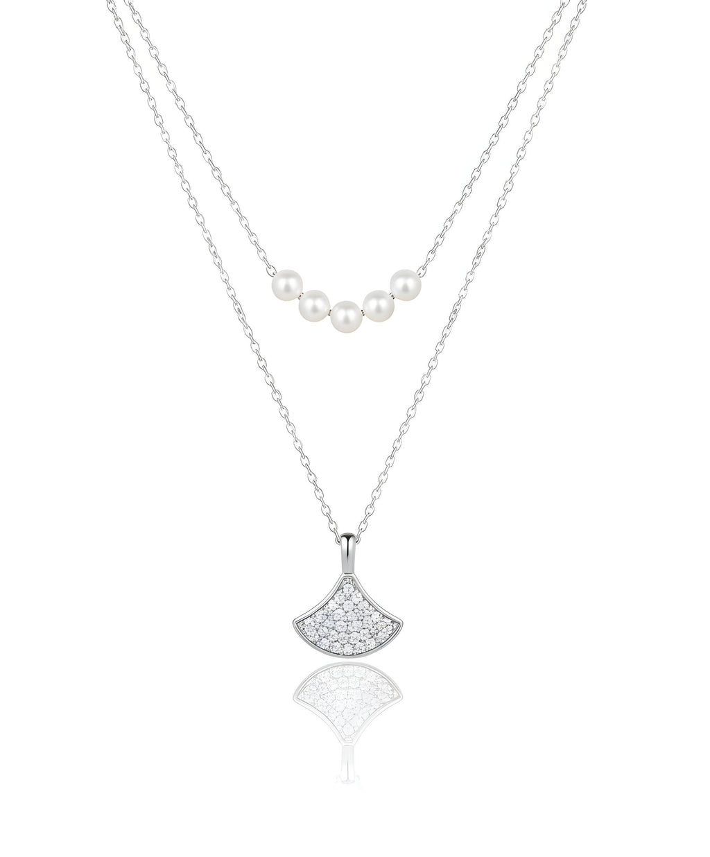 925 Sterling Silver Double Layer Pearl Necklace with Fan Pendant