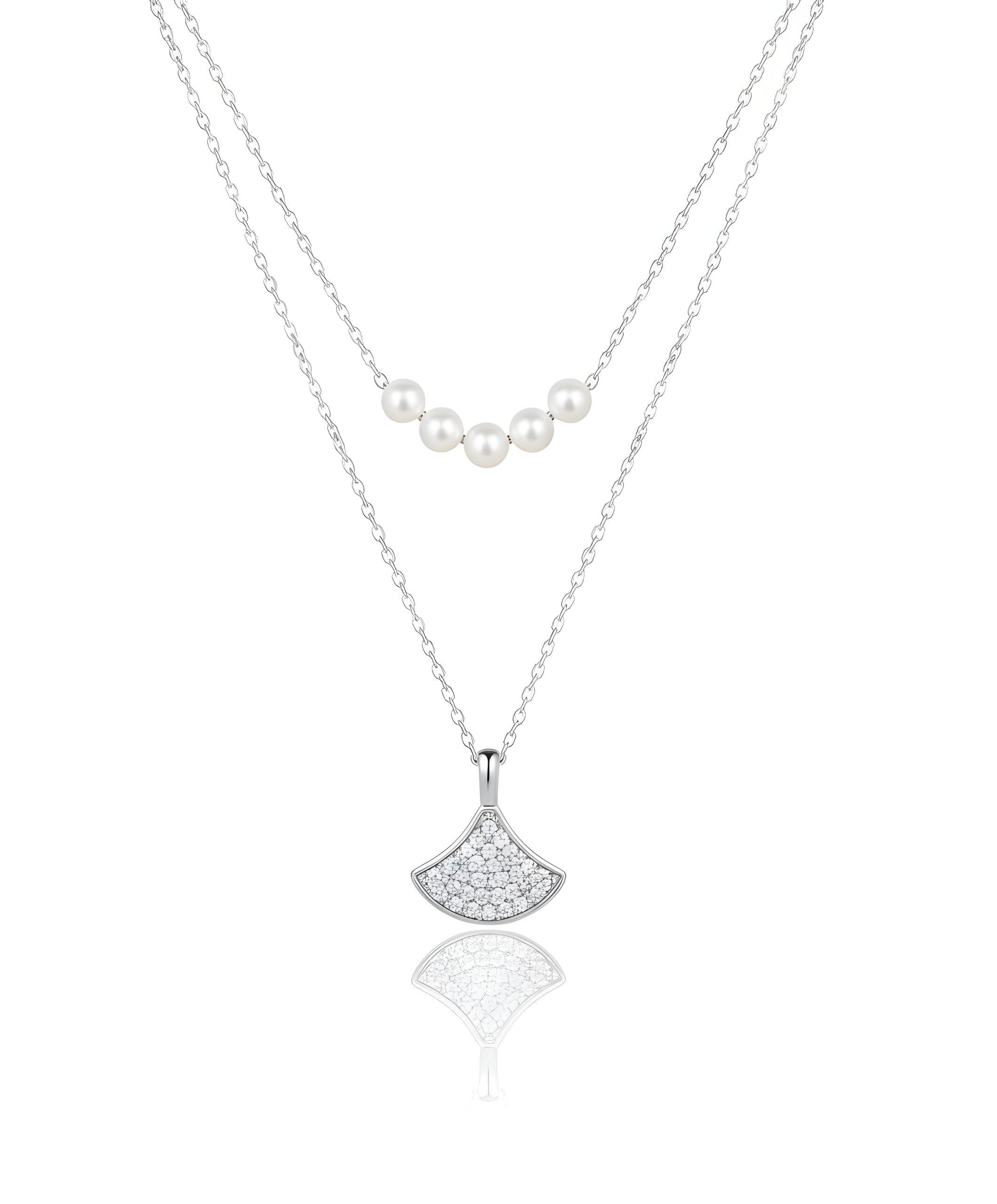 925 Sterling Silver Double Layer Pearl Necklace with Fan Pendant