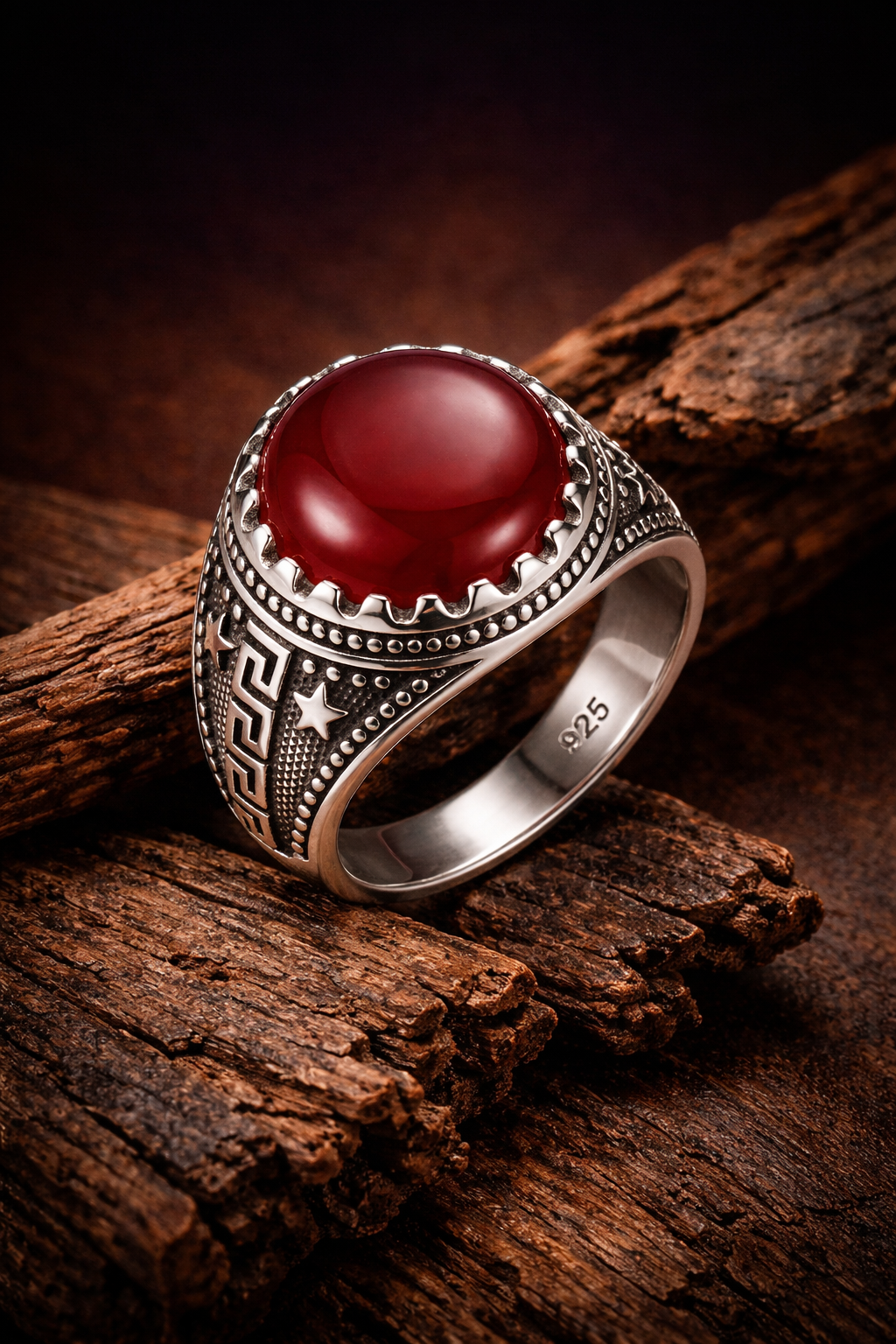 925 Italian Silver Men's Ring with Round Red Agate (Aqeeq) Stone
