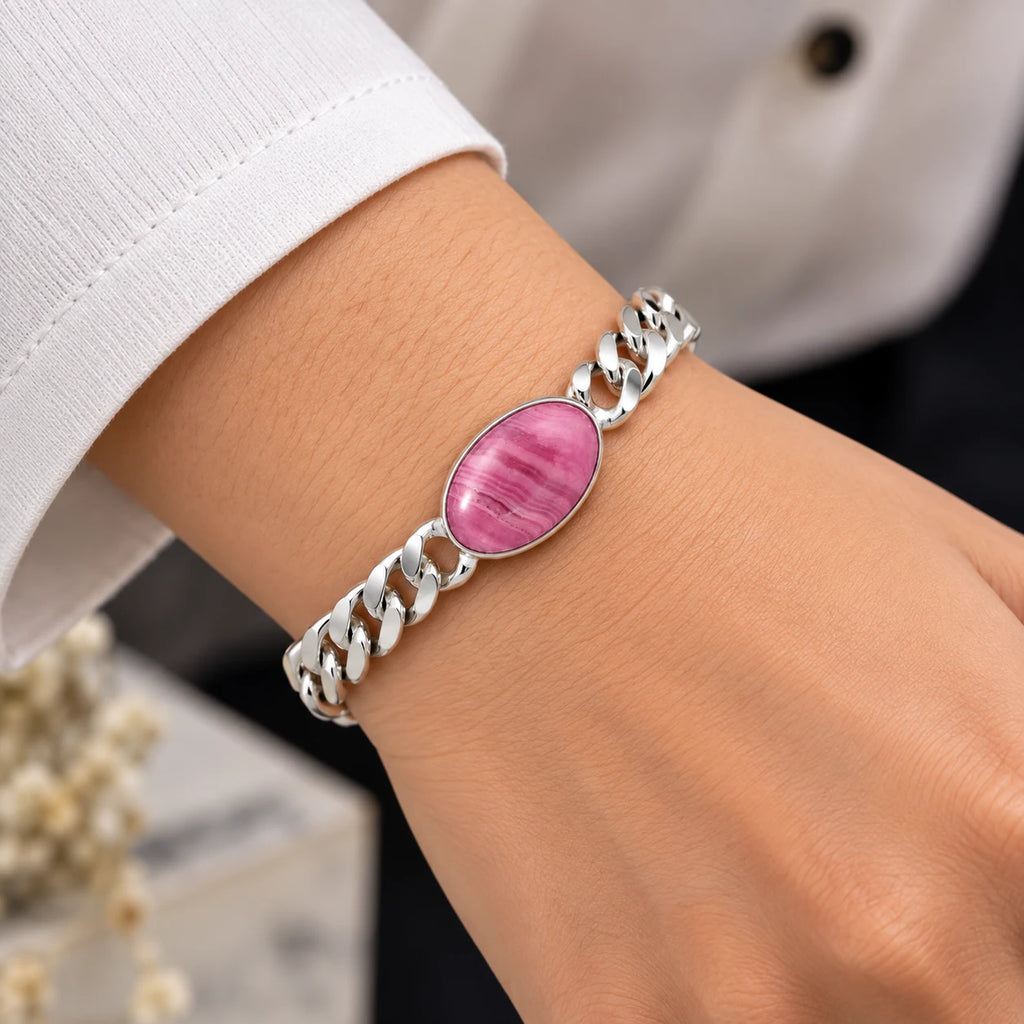 925 Italian sterling silver Cuban curb chain bracelet with pink stone worn on wrist, lifestyle shot, Fine Silver KSA