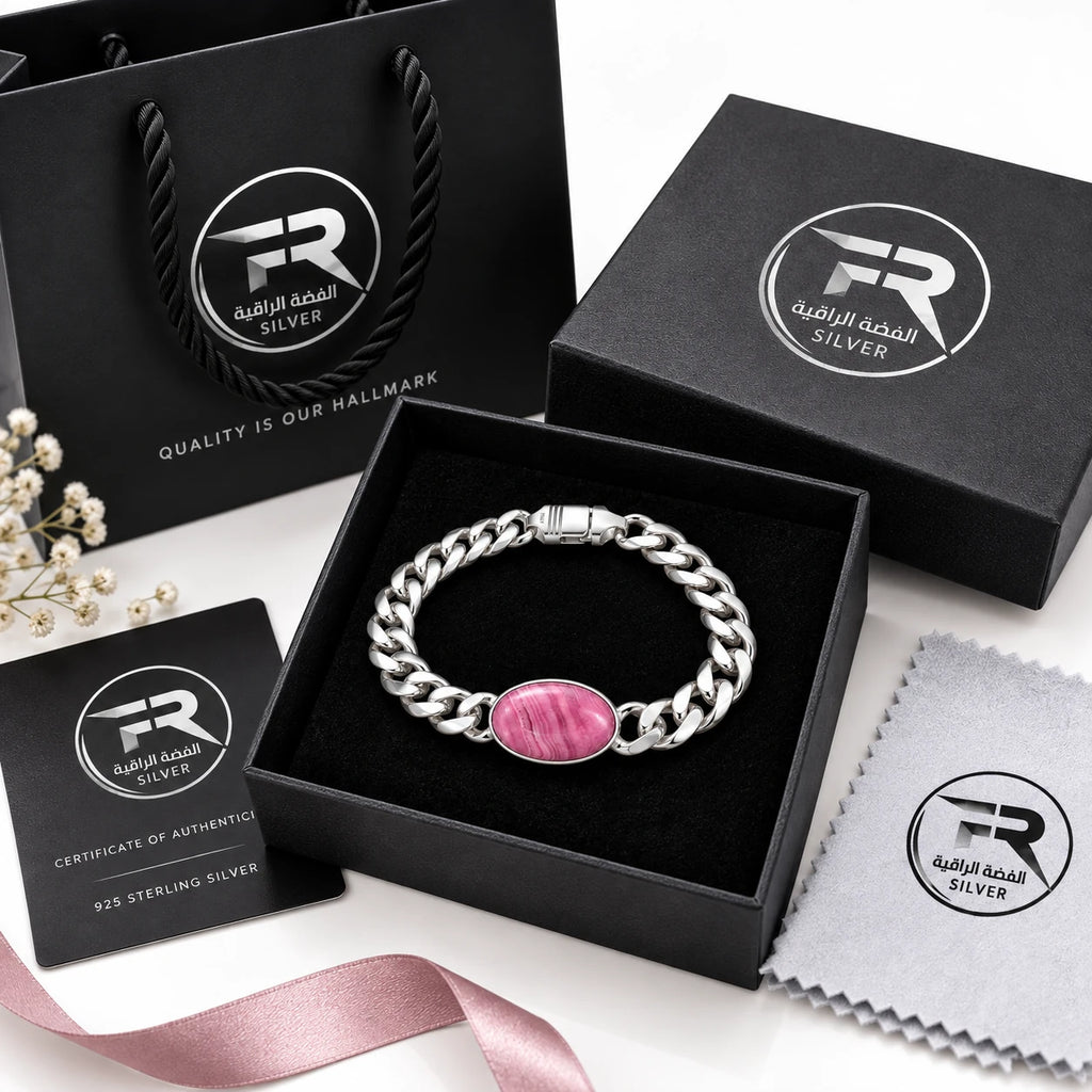 925 Italian sterling silver pink stone bracelet in Fine Silver gift box with certificate, polishing cloth and branded bag, KSA
