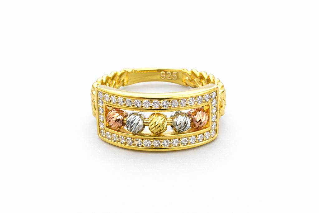 925 Italian Silver Gold-Plated Motion Ring with Tri-Tone Beads - Size 7