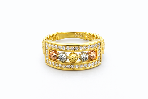 925 Italian Silver Gold-Plated Motion Ring with Tri-Tone Beads - Size 7