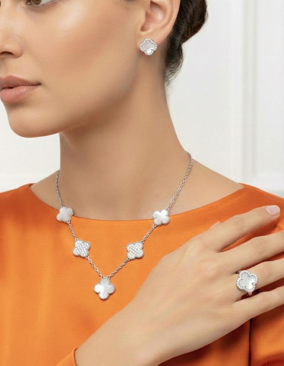 Italian 925 Silver Mother of Pearl Clover Jewelry Set