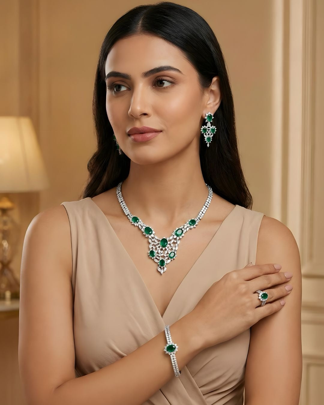 4-Piece Silver Tone Green Halo Jewelry Set