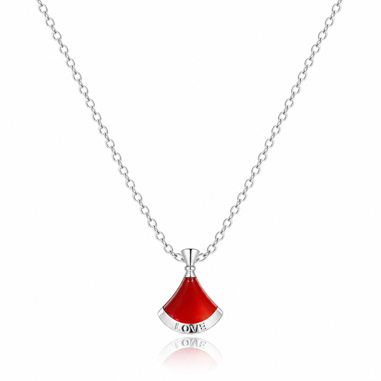 925 Sterling Silver Red Enamel "LOVE" Fan Pendant Necklace