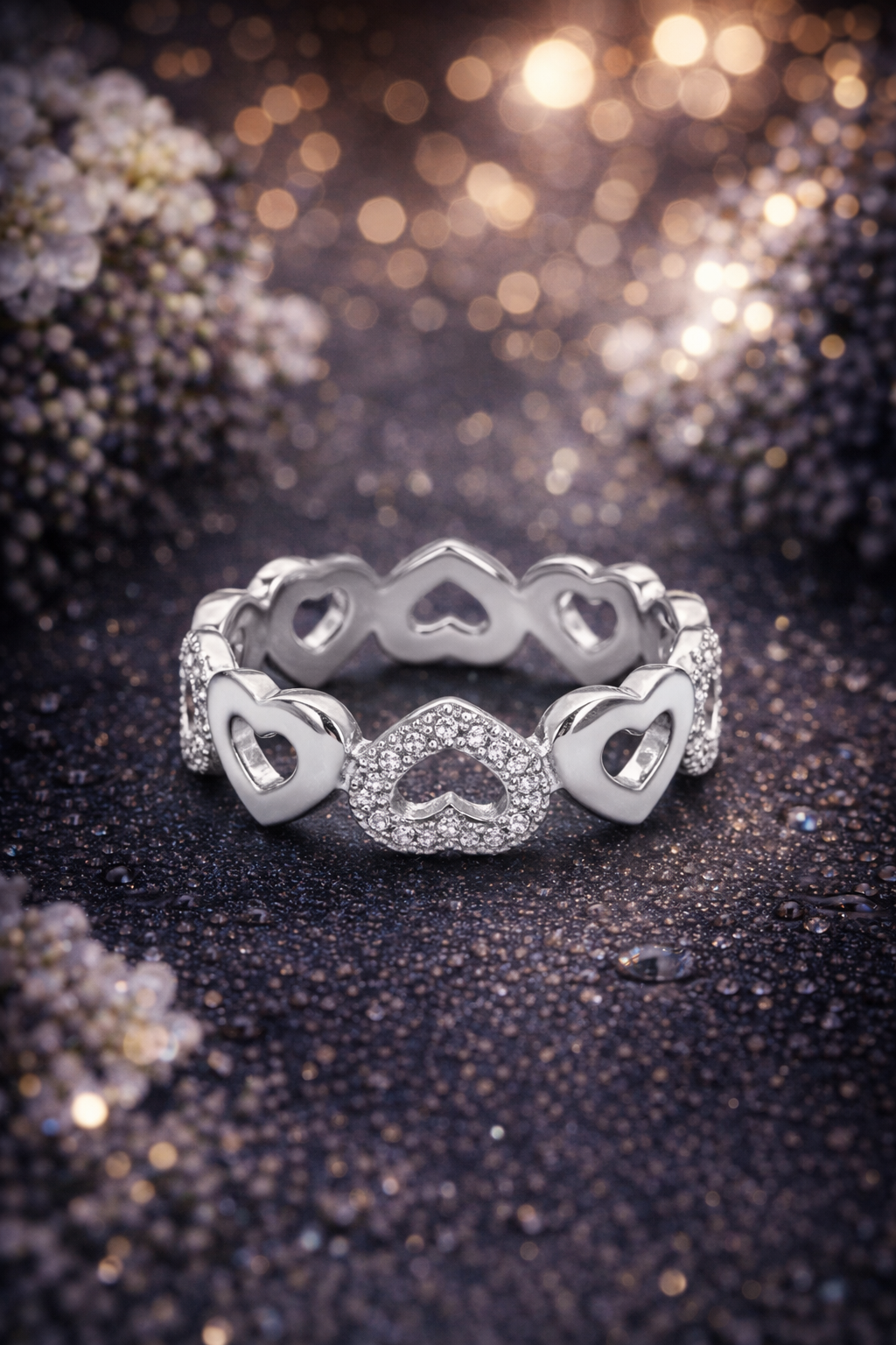 925 Italian Silver Heart Eternity Ring with Pave Zircons - Size 7