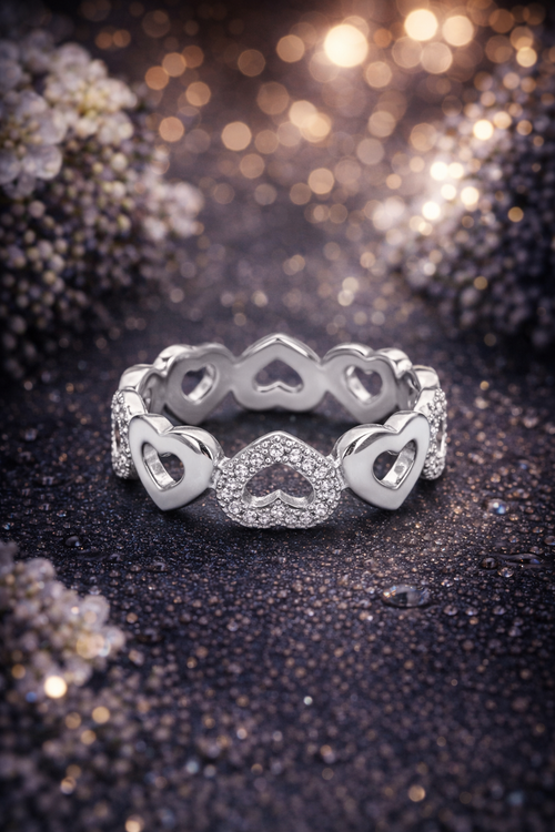 925 Italian Silver Heart Eternity Ring with Pave Zircons - Size 7