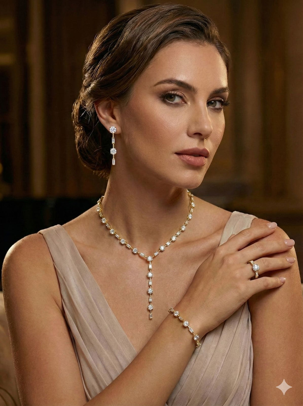 Sleek 24g Gold Plated 925 Silver Set with Baguette &amp; Round Crystals