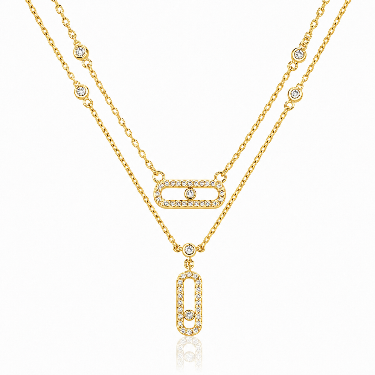 925 Sterling Silver Double Layered Zircon Geometric Pendant Necklace