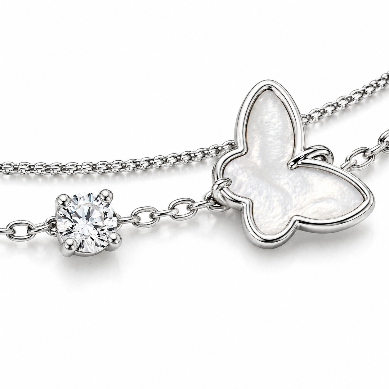925 Sterling Silver Double-Layer Butterfly &amp; Zircon Bracelet