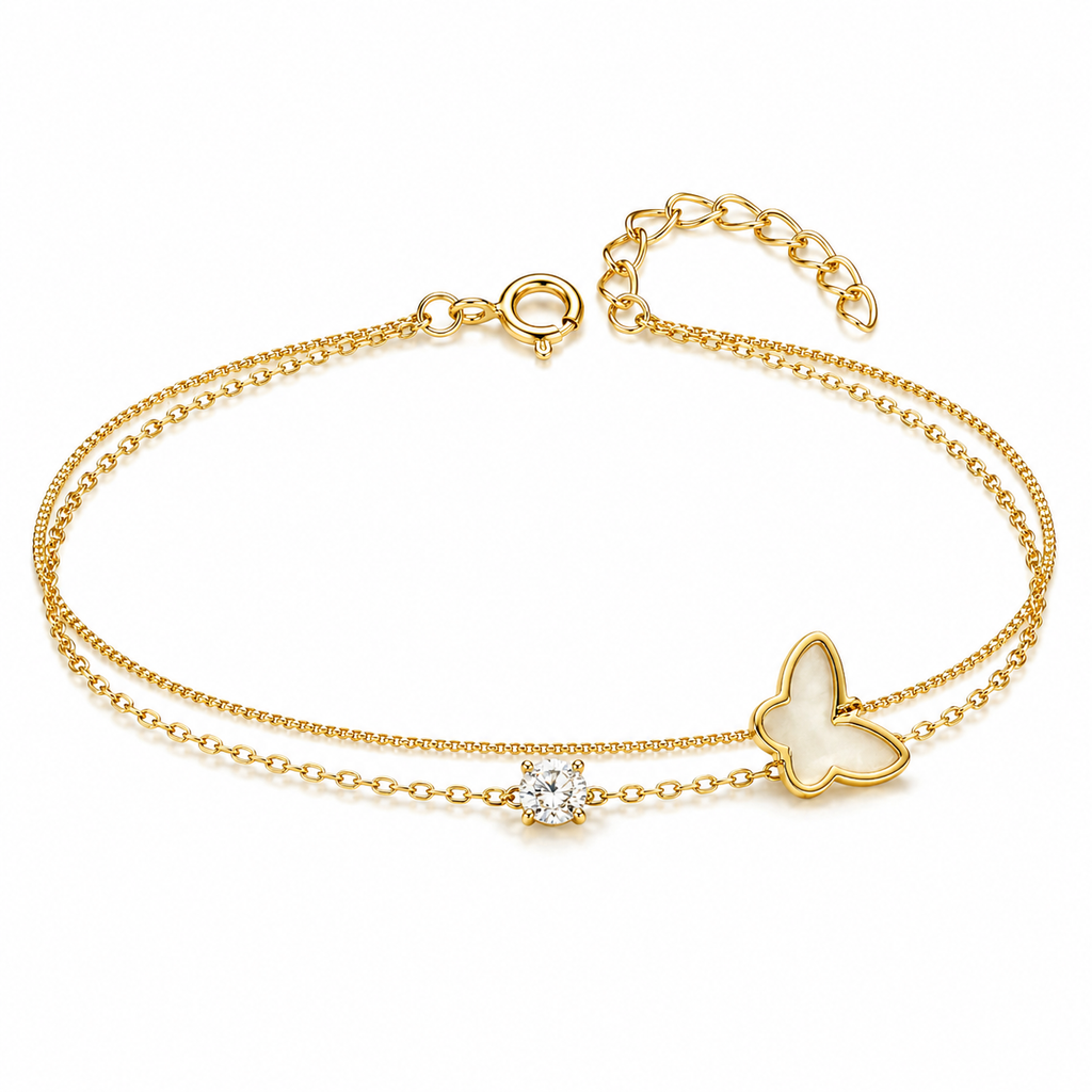 925 Sterling Silver 18K Gold Plated Double-Layer Butterfly &amp; Zircon Bracelet