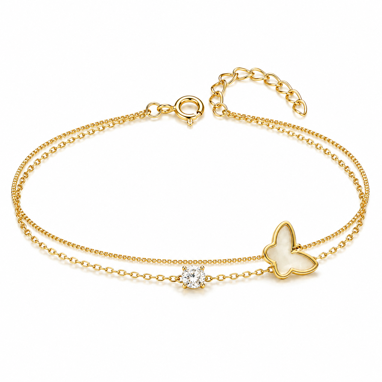 925 Sterling Silver 18K Gold Plated Double-Layer Butterfly &amp; Zircon Bracelet