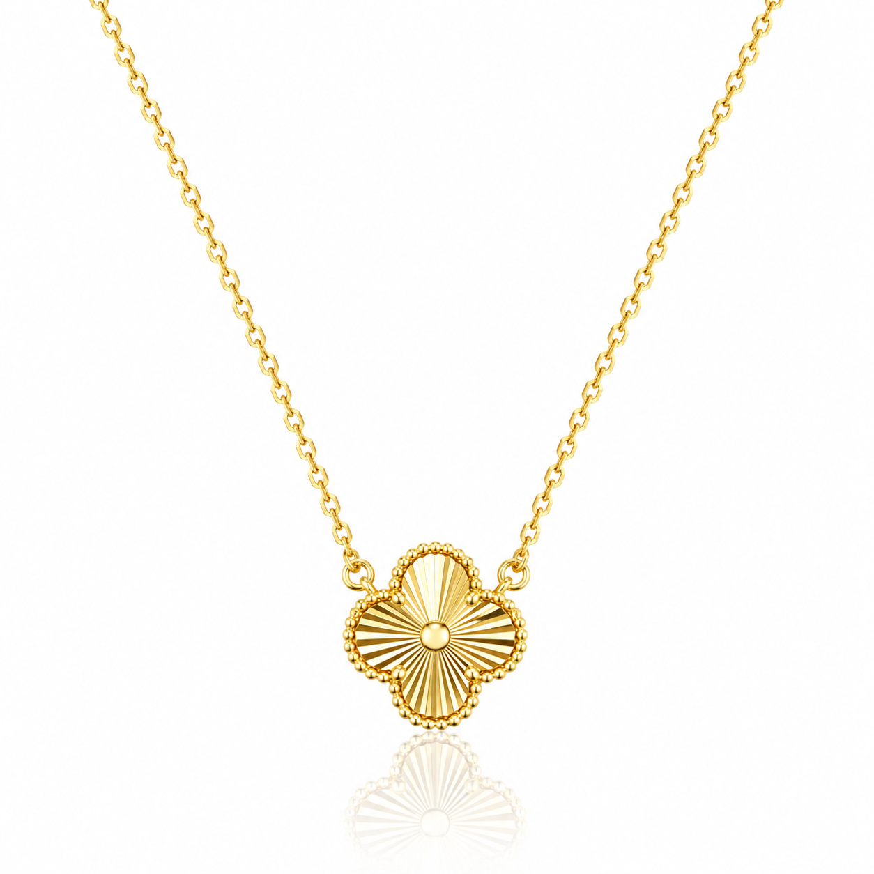 925 Sterling Silver Gold-Plated Clover Pendant Necklace with Guilloché Finish