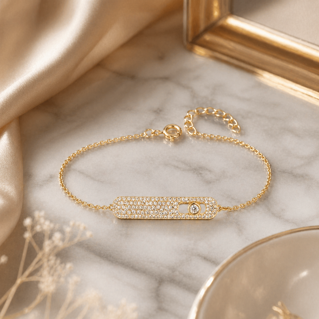 925 Sterling Silver Gold Color Plated Micro-Pavé Bar Bracelet with Floating Zircon