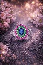 925 Italian Silver Multicolor Cluster Ring with Blue, Green &amp; Pink Stones