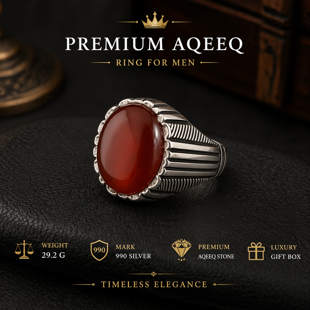Premium Yemeni Aqeeq Silver Ring for Men - Handcrafted 990 Sterling Silver