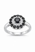 925 Italian Silver Halo Ring with Black &amp; White Zircon Stones
