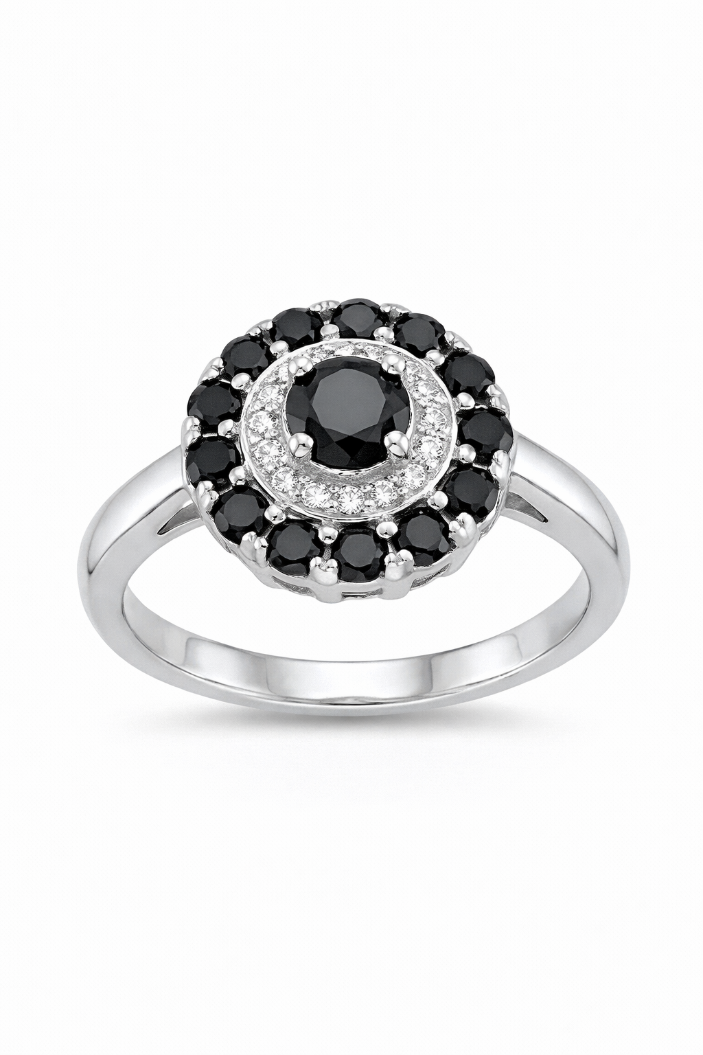 925 Italian Silver Halo Ring with Black &amp; White Zircon Stones