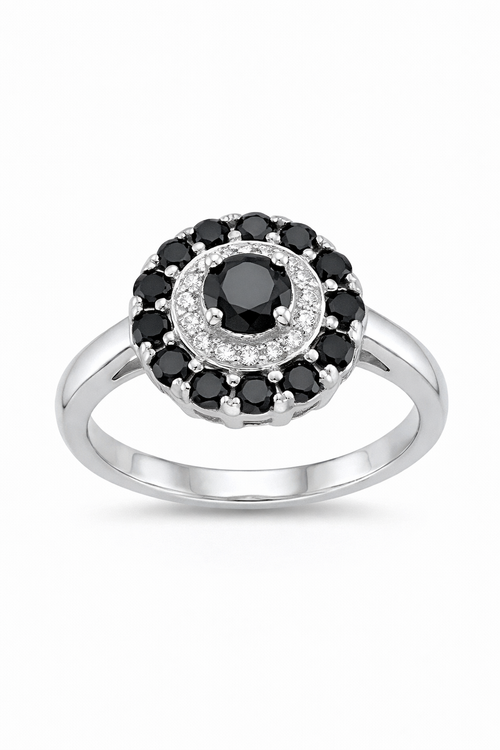 925 Italian Silver Halo Ring with Black &amp; White Zircon Stones