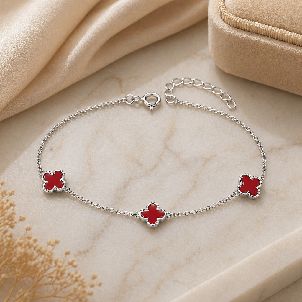 925 Sterling Silver Triple Red Clover Station Bracelet – Alhambra Inspired