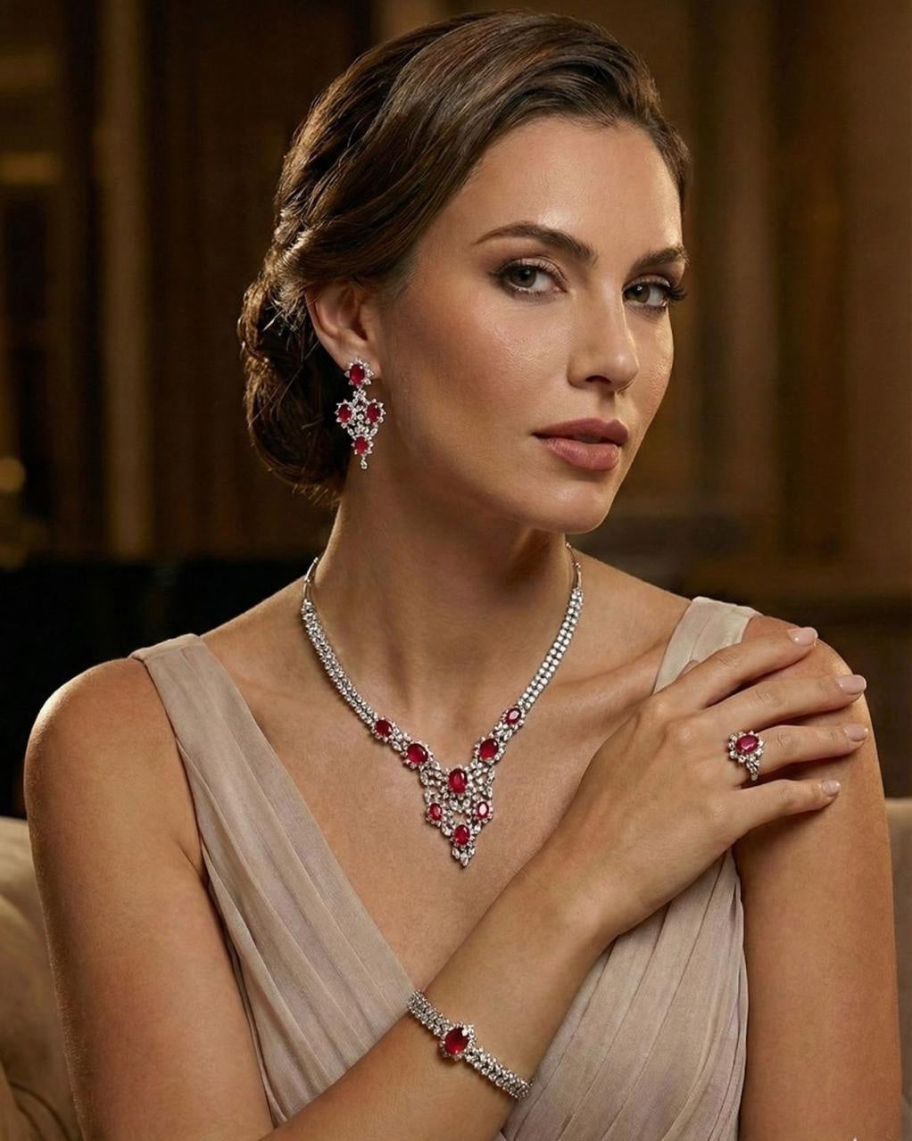 Elegant 74g Rhodium Plated 925 Italian Silver Jewellery Set with Ruby Red Stones