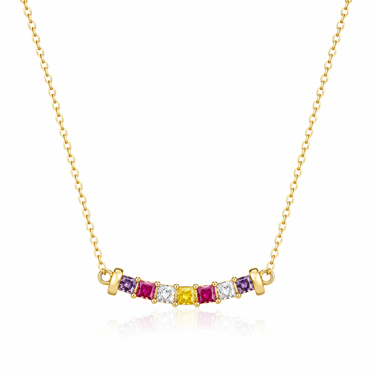 925 Sterling Silver Gold-Plated Rainbow Zirconia Curved Bar Necklace