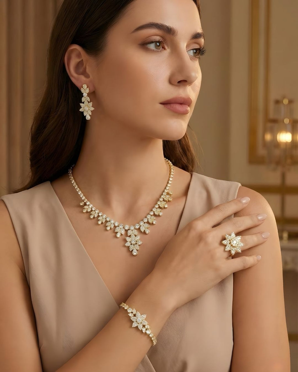 Luxurious Gold Plated 925 Italian Silver Floral Jewellery Set with Sparkling Stones
