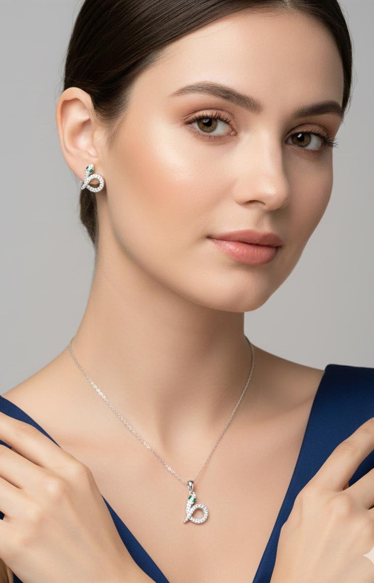 Italian 925 Silver Snake Jewelry Set with Green Eyes