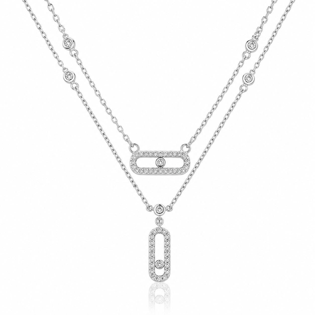 Luxury 925 Sterling Silver Double Layer Moving Zircon Pendant Necklace