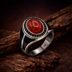925 Italian Silver Men's Ring with Oval Red Agate (Aqeeq) &amp; Black Enamel