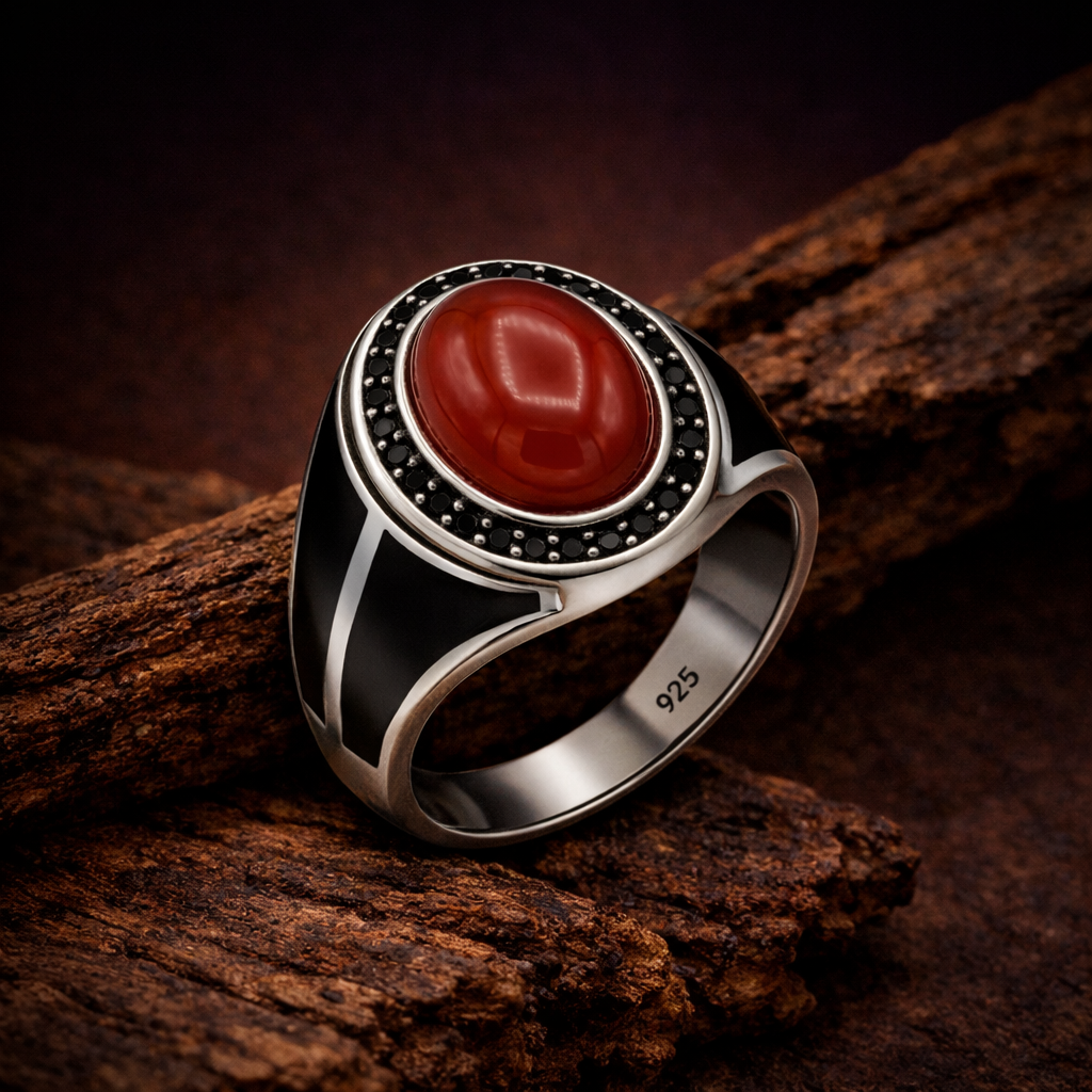 925 Italian Silver Men's Ring with Oval Red Agate (Aqeeq) &amp; Black Enamel