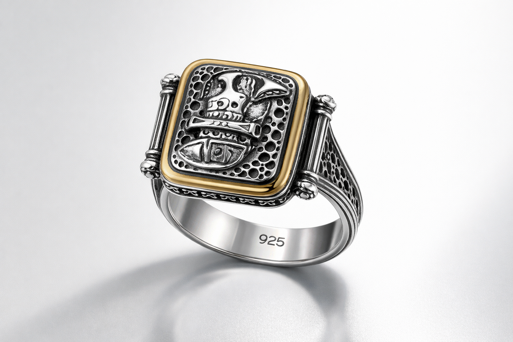 925 Italian Silver Men's Ring with Ancient Warrior Motif &amp; Gold Tone Accent - Size 11.5
