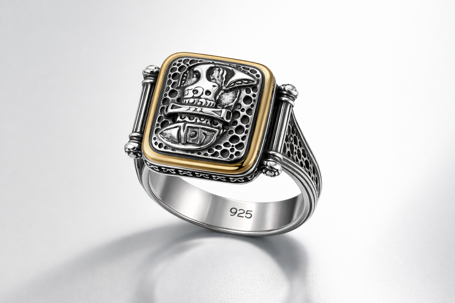 925 Italian Silver Men's Ring with Ancient Warrior Motif &amp; Gold Tone Accent - Size 11.5