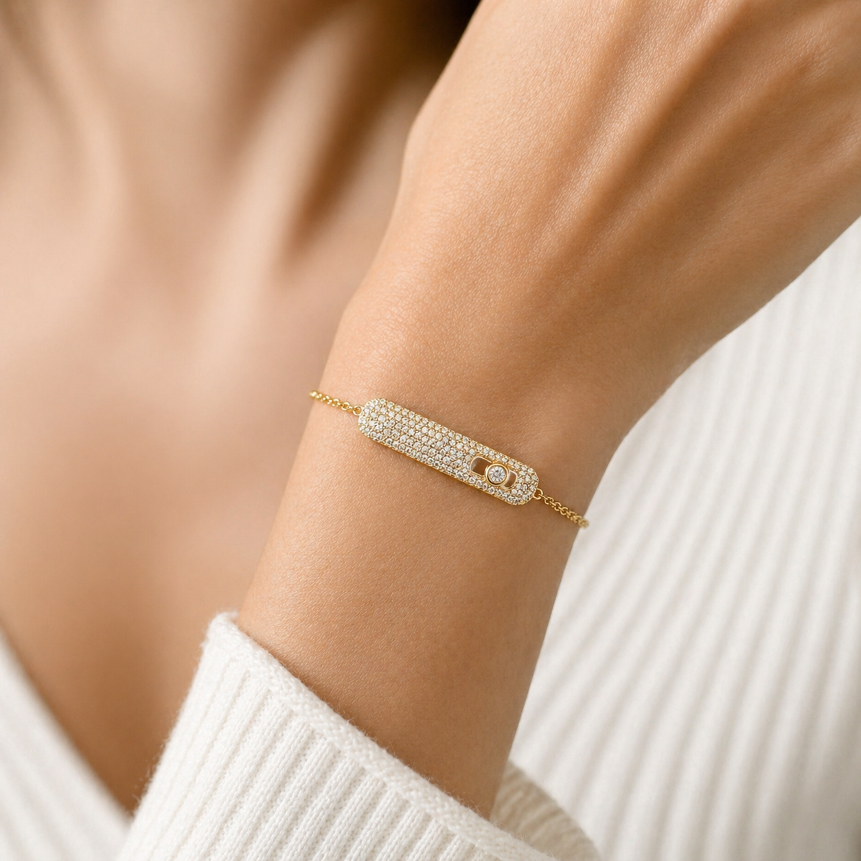 925 Sterling Silver Gold Color Plated Micro-Pavé Bar Bracelet with Floating Zircon