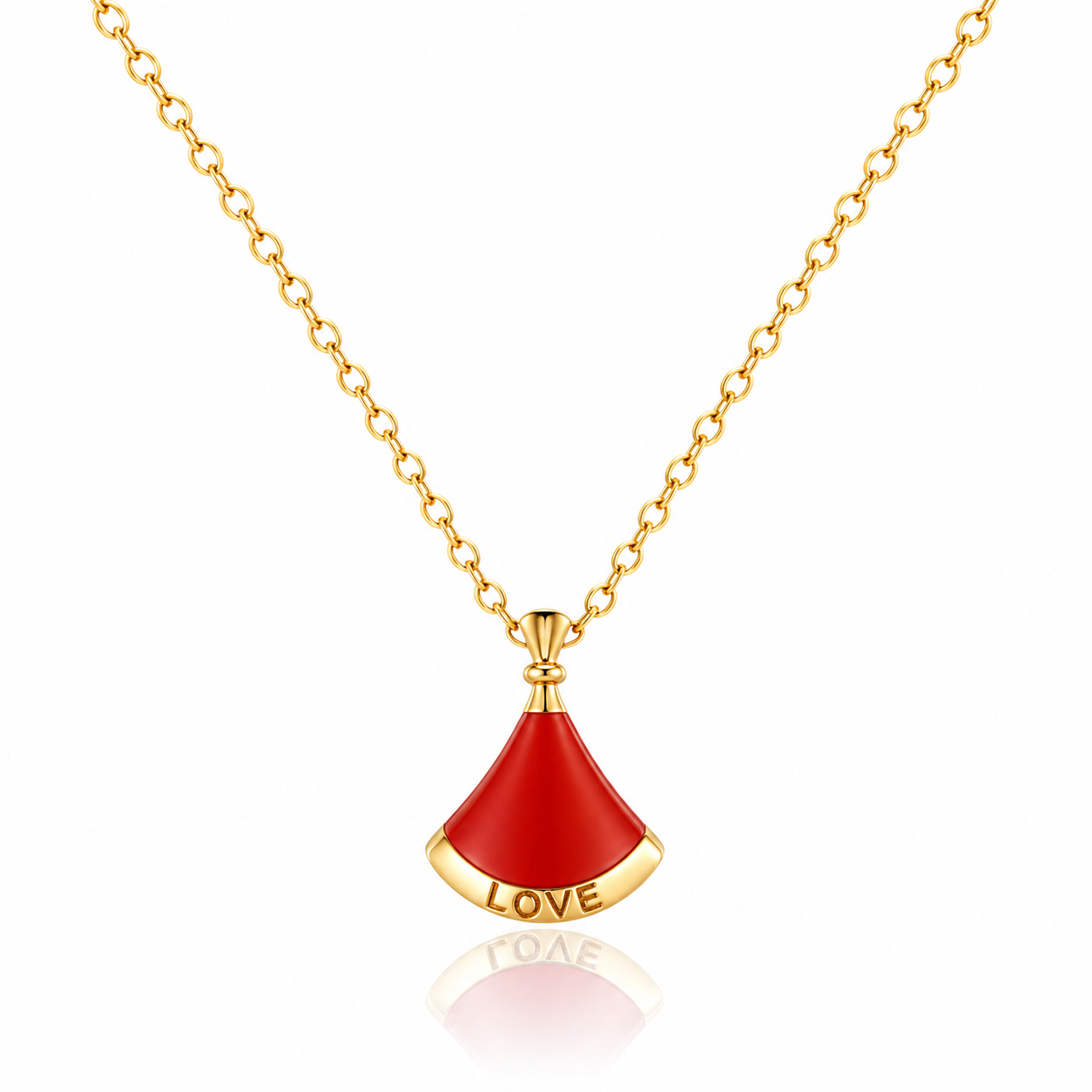 925 Sterling Silver Red Enamel "LOVE" Fan Pendant Necklace - Gold Color Plated